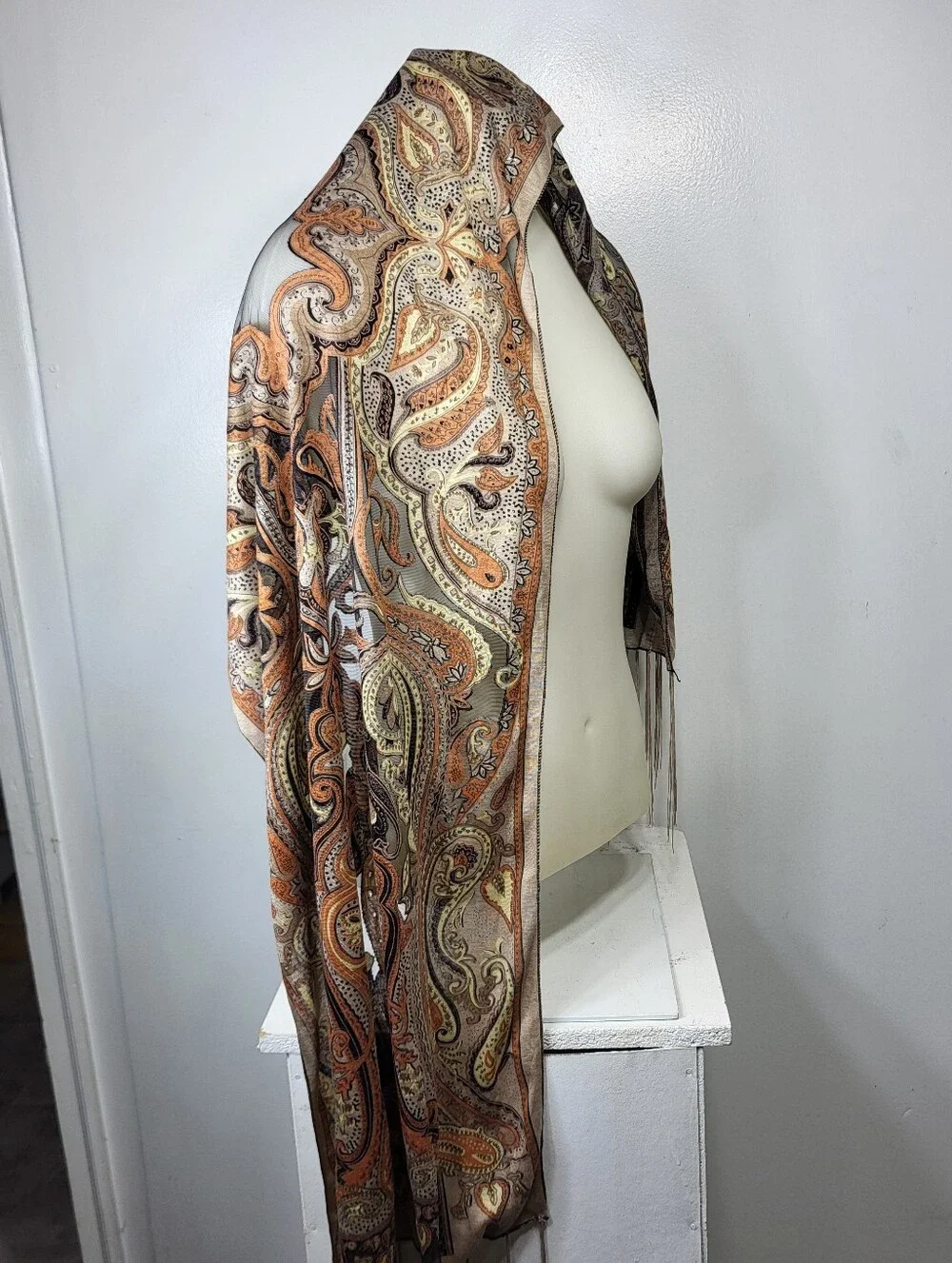 Paisley Fringe Scarf in Beige and Burnt Orange 20